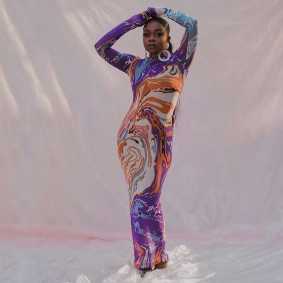 NWT Kai Collective Gaia Maxi Dress Sheer Mesh Abstract Multicolor Small - Picture 1 of 16